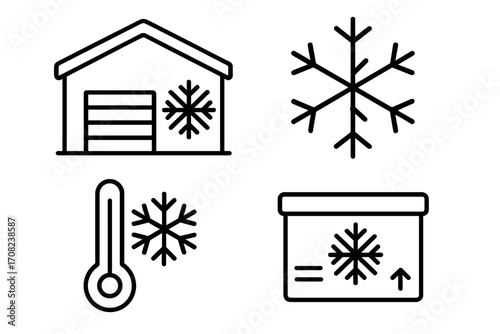 Cold storage icon set. Cold chain logistics, frozen food shipping and warehouse icons. Refrigeration, temperature control, and freezer symbol. Outline vector illustration.