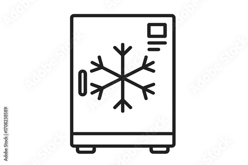 Cold storage freezer icon. Refrigerator line art symbol with snowflake. Kitchen appliance vector for food preservation. Outline illustration for freezing, cooling, fresh food.