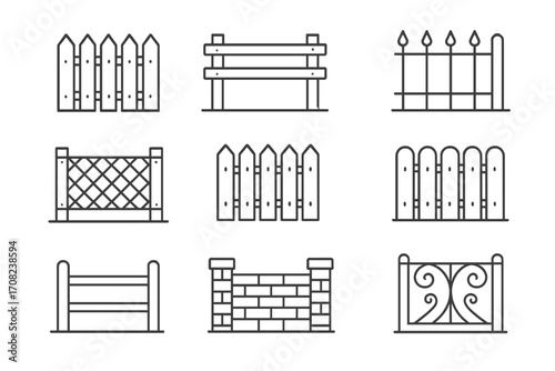 Fence outline icon set. Collection of various fences like picket, wooden, metal, and brick barriers. Vector line art for garden, farm, property boundary, and security concepts.