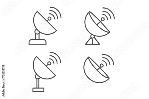 Satellite dish antenna line icon set. Communication, signal, broadcast, radar concept. Wireless telecommunication technology pictogram collection. Vector outline simple illustration.
