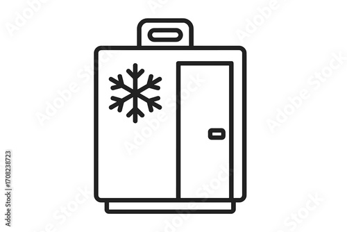 Cold storage portable cooler icon. Refrigerator freezer box for food and drink transport. Outline vector symbol for logistics, camping, and picnic. Cold chain delivery concept.