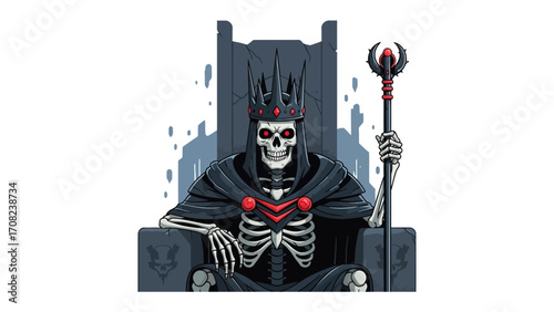 Undead Monarch: An eerie illustration of a skeletal king, cloaked and crowned, seated upon a formidable throne, gripping a scepter