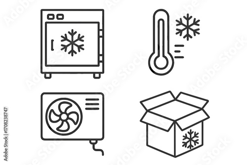 Cold storage and refrigeration icon set. Freezer, frozen goods box, cold temperature thermometer, and cooling unit linear icons. Logistics and climate control vector symbols.