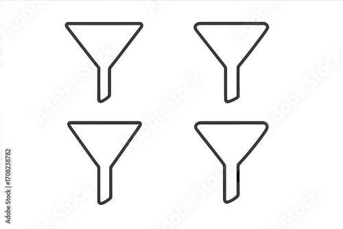 Funnel icon set. Sales funnel concept for marketing. Business metaphor for conversion, filtering data, customer journey, and lead generation pipeline. Simple vector line art.