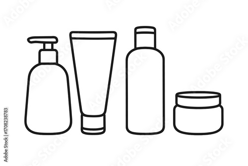 Cosmetic packaging outline icon set. Vector line art of bottle with pump, cream tube, jar, and dispenser. Skincare and beauty product container template for mockup.