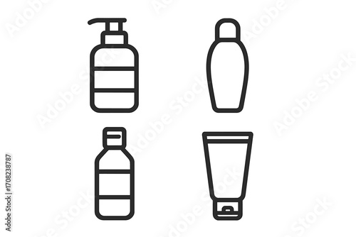 Cosmetic bottle line icon set. Skincare packaging outline symbols. Lotion pump dispenser, shampoo bottle, cream tube, and beauty product container vector illustration.
