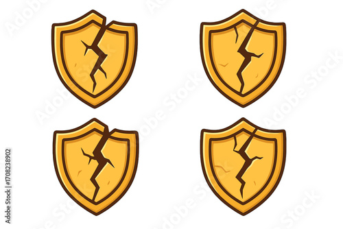 Cracked shield vector icon set. Broken golden badge illustration. Concept of vulnerability, risk, failed protection, and data breach. Damaged defense symbol for security.