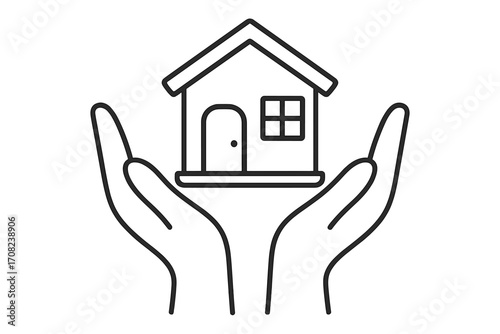 Hands holding house line icon. Real estate, property insurance, home care concept. Mortgage and investment symbol. Charity, safety, protection, and shelter metaphor.