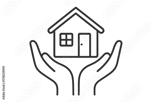 House in hands outline icon. Home care and protection symbol. Real estate, property insurance concept. Family housing, charity, donation and support vector illustration.