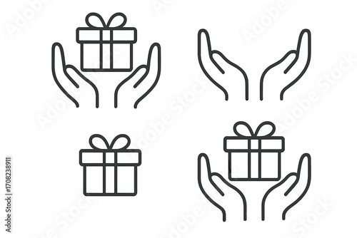Hands holding gift box line icon set. Giving present, charity, donation concept. Receive surprise package. Bonus program symbol. Loyalty reward. Editable stroke vector illustration.