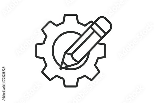 Edit settings icon. Customization and configuration symbol. Development process gear with pencil pictogram. Creative engineering and technical learning concept. Simple outline vector.
