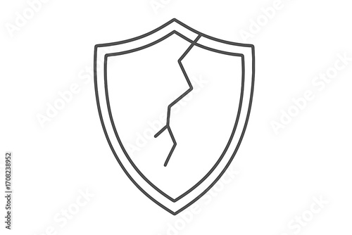 Cracked shield line icon. Concept of vulnerability, risk, insecurity and danger. Metaphor for data breach, failure, attack and lack of protection. Broken safety symbol.