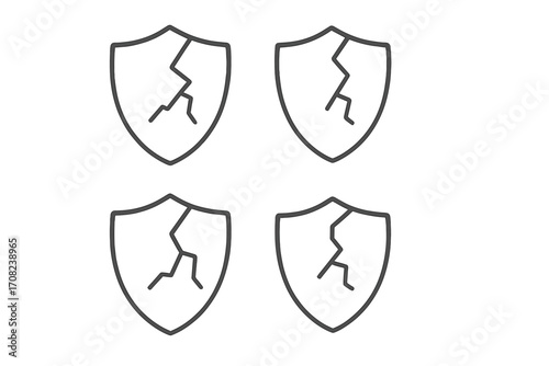Cracked shield icon set for security failure concept. Broken protection and vulnerability symbol. Vector thin line art illustration of data breach, risk and unsafe defense.