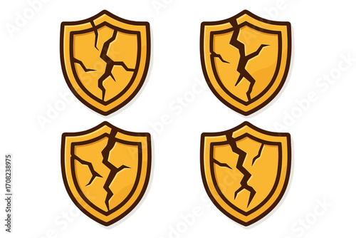 Broken shield icon set. Metaphor for vulnerability, data breach, risk, and failure. Damaged defense concept. Cracked safety symbol. Security breach. Unsafe idea.