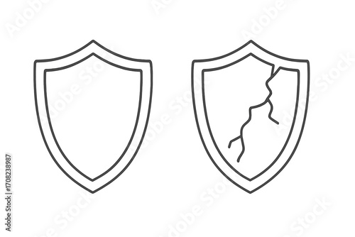 Concept of security versus vulnerability. Shield icon set. Metaphor for protection and risk. Cracked shield for data breach, damage, danger. Minimal thin line vector illustration.