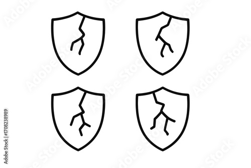 Cracked shield line icon set. Concept of vulnerability, risk, and data breach. Broken defense and security symbol. Vector pictogram for UI, web, and cybersecurity concepts.