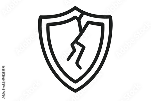 Broken shield line icon. Concept of vulnerability, cracked protection, and security failure. Metaphor for risk, data breach, danger, and unsafe defense. Vector pictogram.