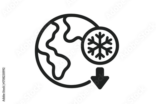 Global cooling vector line icon. Concept of ice age, climate change, temperature drop. Planet earth with snowflake symbol. Weather forecast, ecology, environment science.