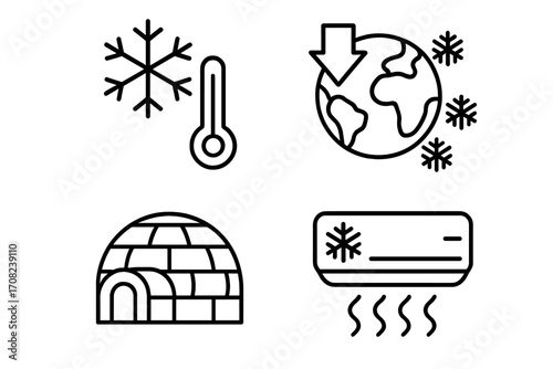 Global cooling concept outline linear icons set including earth temperature drop, snowflakes, igloo shelter, thermometer and air conditioner symbol, vector illustration