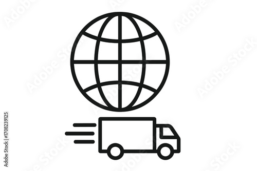 Global delivery icon minimalistic linear sign fast shipping truck worldwide parcel transport vector illustration for web apps banners social network cards