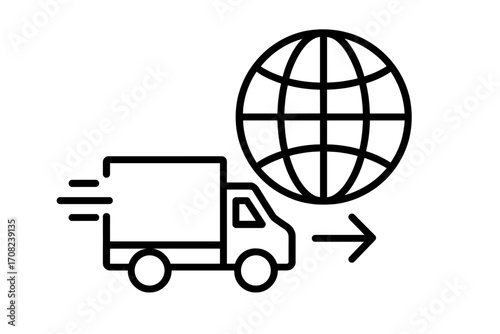 Global delivery icon with fast shipping truck and globe symbol, minimalistic linear design for web, graphic design, apps, banners, social media, and digital cards, vector illustration