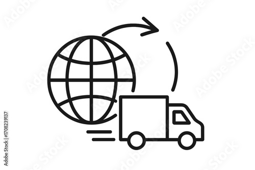 Global delivery icon minimalistic linear design. Worldwide shipping truck symbol. Express international freight service, fast logistics, global transport concept.