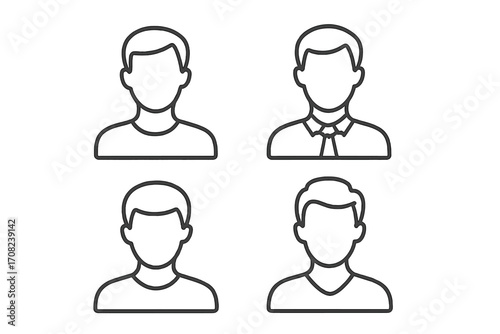 Set of male user profile icons. Faceless man avatar collection for web and graphic design. Anonymous person head silhouette. Simple line art character bust for business.