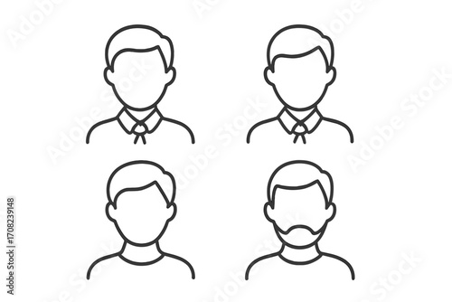 Set of faceless man avatar icons. Male user profile placeholder for web and apps. Business and casual characters. Vector thin line art illustration head bust anonymous person.