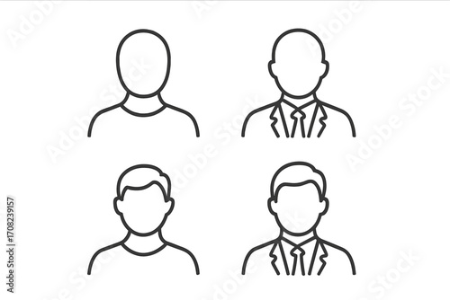 User profile icon set. Anonymous faceless man avatar placeholder. Simple line art for web and app design. Businessman in suit and casual person vector illustration.