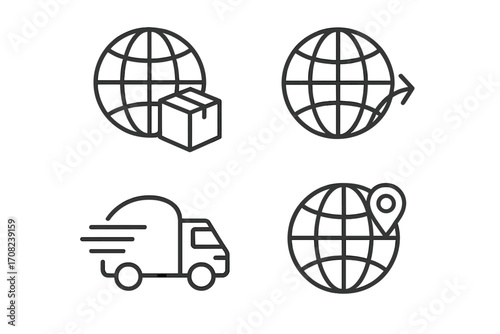 Global delivery icons set, minimalistic vector illustration for web design, apps, banners, social media, fast shipping, worldwide logistics, package tracking, international transport