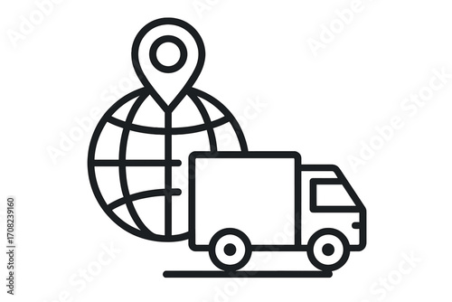 Global delivery icon minimalistic linear style. Worldwide shipping, logistics truck, location pin on globe, transportation symbol for web design, apps, banners, social media, vector illustration
