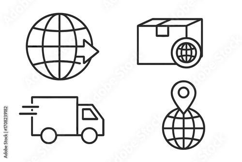 Global delivery icons set, minimalistic design for web, apps, banners, social media, logistics, shipping, fast courier service, world shipping concept, vector illustration