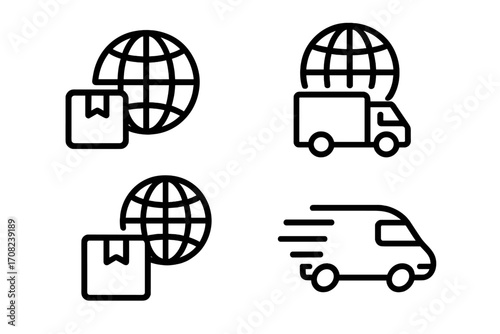 Global delivery icons set, minimalistic thin line design for web and graphic design, app interface, banners, social networks, fast shipping, international parcel and logistics illustration