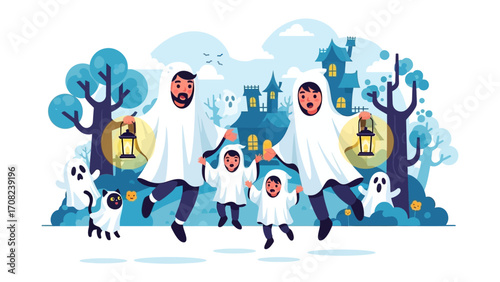 Spooky Family Halloween Celebration: A playful depiction of a family dressed as ghosts, delighting in the Halloween spirit, with a haunted house.