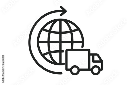 Global delivery outline line icon, international shipping symbol with globe, truck transportation vector illustration, logistics concept for graphic design, apps, adverts, cards