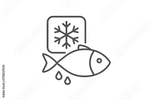 Frozen fish line icon. Defrosting seafood symbol for food packaging or instructions. Thawing fish concept for cooking. Fresh market product sign. Vector logo for supermarket.