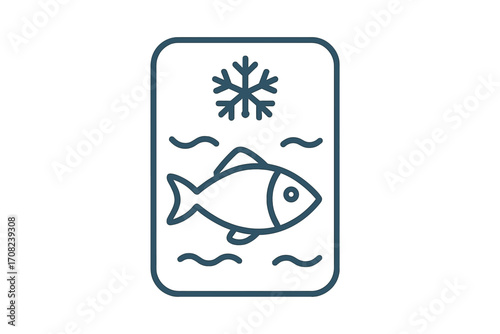 Frozen fish icon for seafood packaging label. Outline vector logo for food industry, grocery store signage, and deep freeze products. Minimalist fish market symbol concept.
