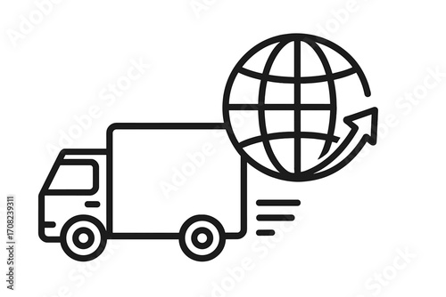 Global delivery outline icon, worldwide shipping truck vector illustration, logistics and freight transport symbol for graphic design, apps, adverts, and business cards, transparent background