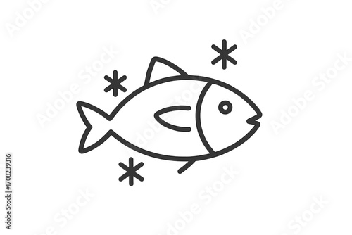 Frozen fish icon vector thin line symbol. Seafood product pictogram for grocery store, market menu or packaging design. Cold fresh food simple linear outline illustration.