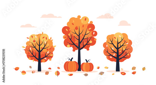 Autumn trees and pumpkins in a gentle breeze creating a warm and inviting seasonal display.