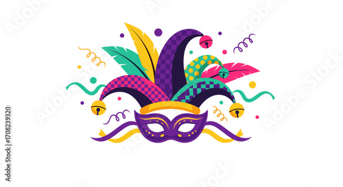 A vibrant illustration of a masquerade mask and jester hat adorned with colorful feathers and festive confetti.