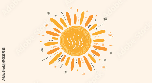 A whimsical yellow sun illustration radiates warmth and light surrounded by playful abstract shapes and stars in a charming design.