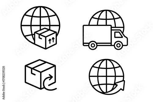 Global delivery icons set with globe, package, truck, and arrow for logistics, shipping, e-commerce, worldwide transport, online orders, courier services, vector