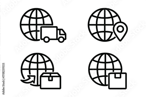 Global delivery and shipping icons set with earth globe, truck, package, location pin, export concept, international logistics, worldwide shipping, vector outline