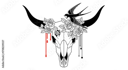 A striking illustration of a bull skull adorned with roses and a swallow bird.