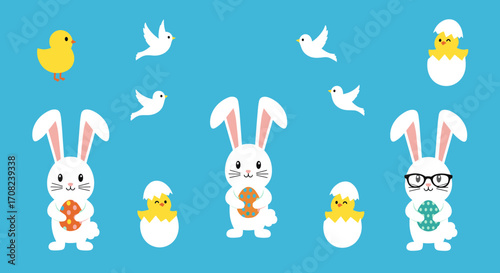 Cute cartoon easter bunnies and chicks celebrating springtime with adorable birds flying.