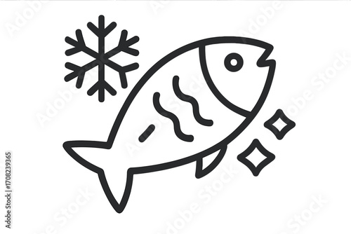 Frozen fish vector outline icon. Fresh seafood product for a grocery store. Cold storage, freezer food concept. Fish market logo with snowflake & ice crystal symbol. Simple.