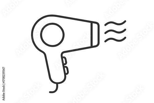 Hair dryer thin line icon vector illustration with airflow waves, electric hairdryer outline for web, apps, books, cards, personal care, beauty, salon tool transparent background