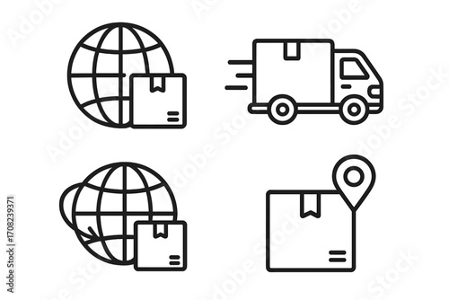 Global delivery icons set in modern outline style for design, cards, apps, social networks, logistics, shipping, worldwide parcel tracking, express transport, vector illustration
