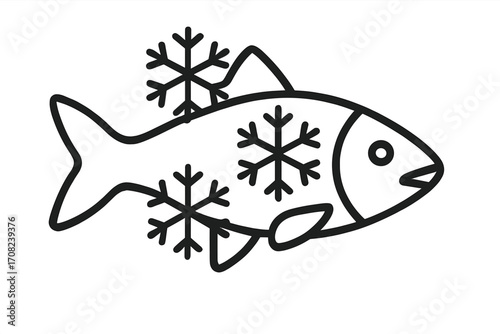 Frozen fish outline icon vector. Seafood product symbol for packaging, grocery store logo or menu. Simple line art pictogram of cold fish with snowflakes for food concept.